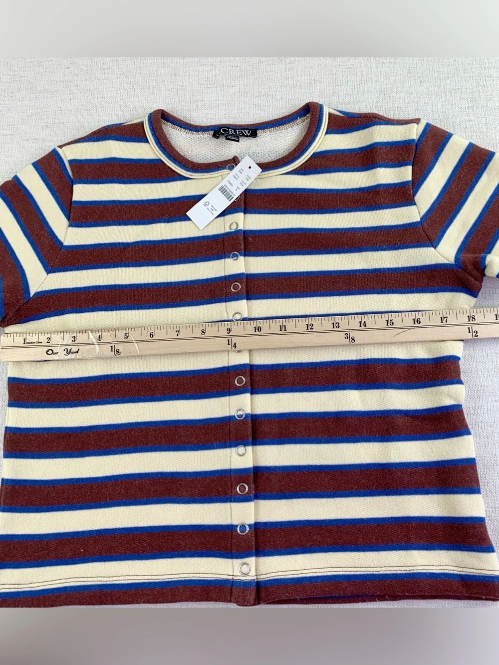 J Crew women's S Heritage terry cropped cardigan in stripe long sleeve crew neck